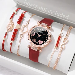 6PCS/Set Fashion Heart Dial Women's Watch Leather Band Quartz Watches Leaf Bracelets Set（Without Box）