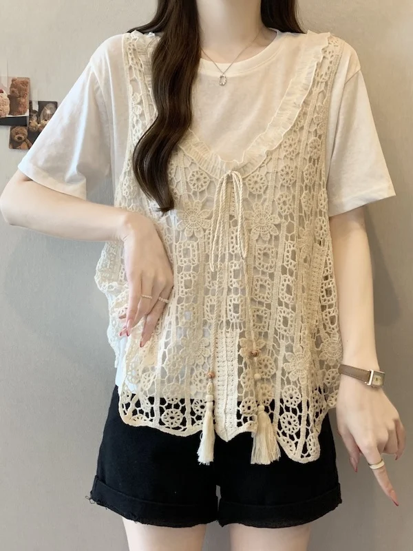 plus Size Slimming Hollow out Tank Top And Base Shirt Set Women's Summer Layering Clothing V-Neck Sleeveless Inner Wear