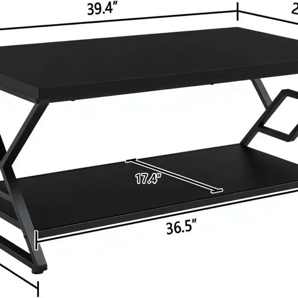 Rustic Rectangular Coffee Table with 2-Tier Storage, Open Shelves, 39 Black for Living Room