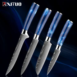 Ultra Sharp Paring Knives Set,Fruit and Vegetable Knife,Kitchen Boning Knife,Damascus Pattern Steel Chef Knife Blue Resin Handle