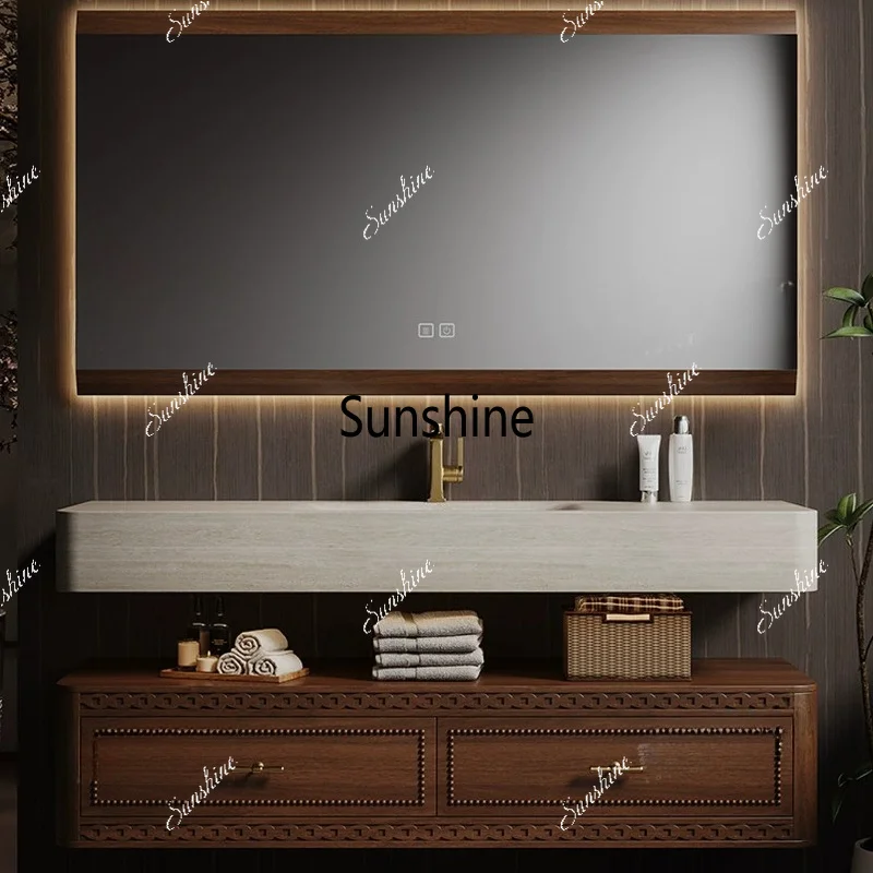 New Chinese style, bathroom cabinet combination rock slab hot bend hanging arc washing table