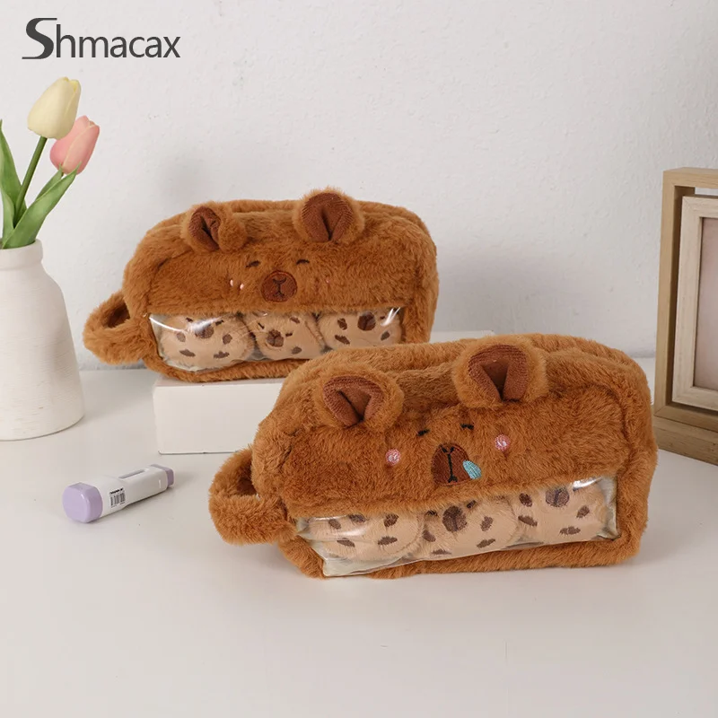 Cute Plush Capybara Pencil Storage Bag Cartoon Animal Pen Case Multifunctional Large Capacity Stationery Pouch