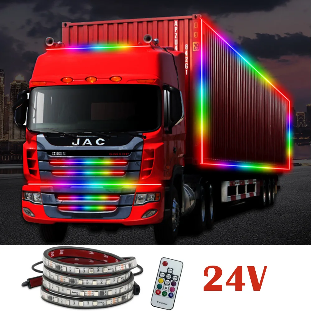 Led Truck Light Strips 1/1.5/2M Warning Lamp Strip Streamer Lamp RGB Colorful DRL Flexible Atmosphere Lamp  Remote 24V for Truck