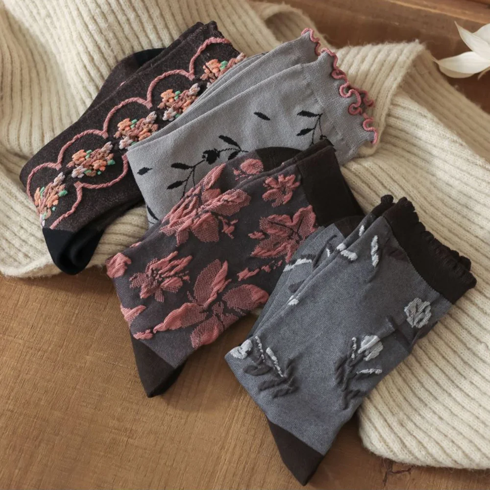 3 Pair Korean Style Women Socks Fashion Flower Printing Autumn Winter Middle Tube Lady Socks Set Soft Comfortable Socks Woman