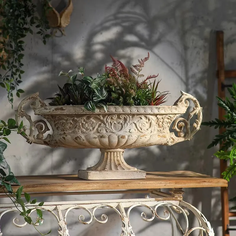 French Style Pedestal Vessel, Antique European MgO Jardiniere Planter, Large Centerpiece Bowl for Console Table, Dining Room