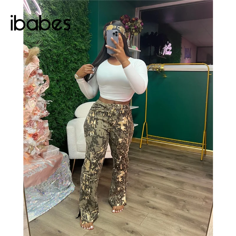 

Camo Women Cargo Pants Casual High Waist Side Slit Flare Pants 2023 Summer New Fashion Elegant Bottoms High Street Trousers