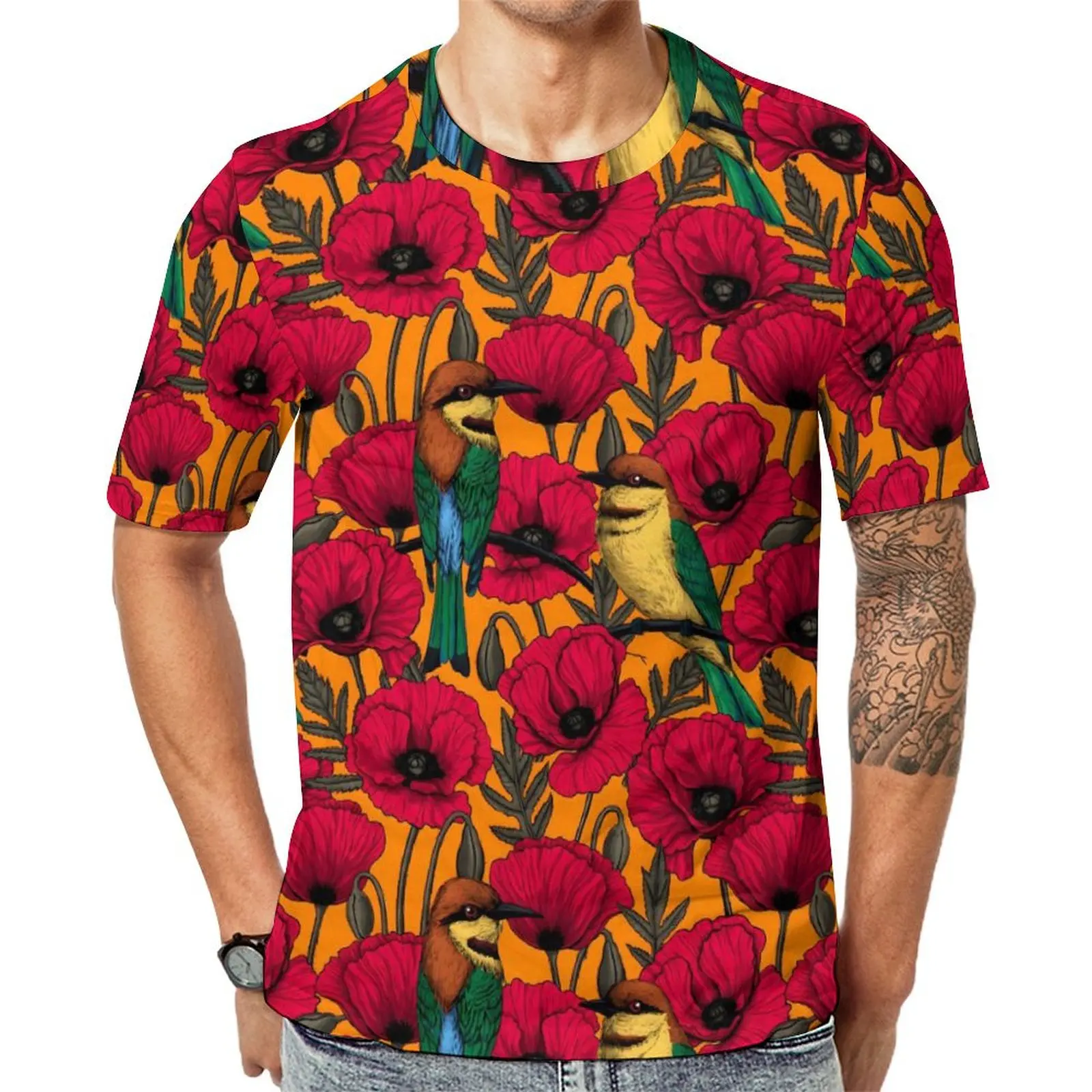 Man Birds Flower T Shirt Bee Eaters And Poppies Trending T-Shirts Short Sleeve Tops Wholesale Summer Casual Oversize Clothes