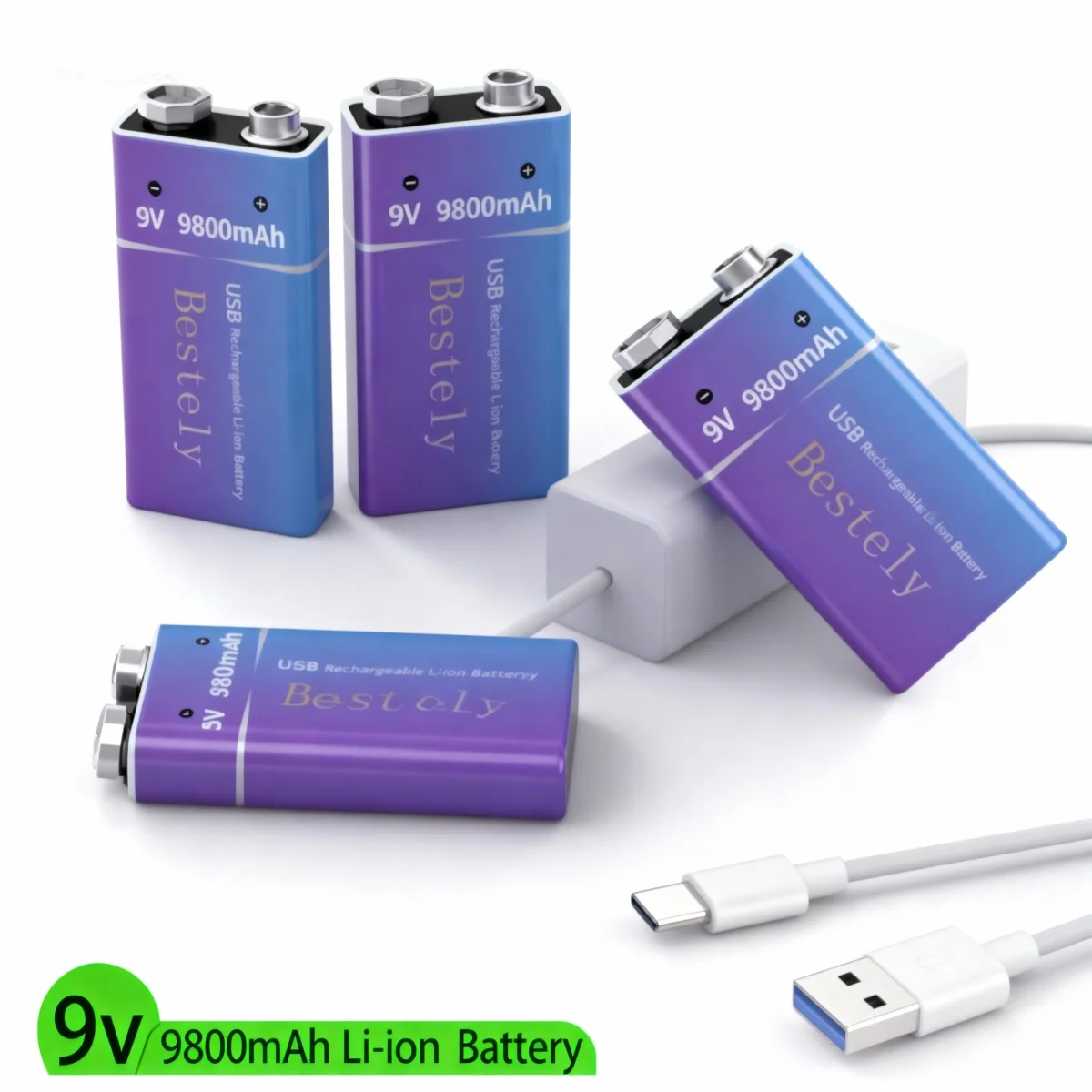 New 9V Rechargeable Li-ion Battery 9800mAh Long Lasting with Cable for Smoke Detector, Alarms, Microphone battery pack