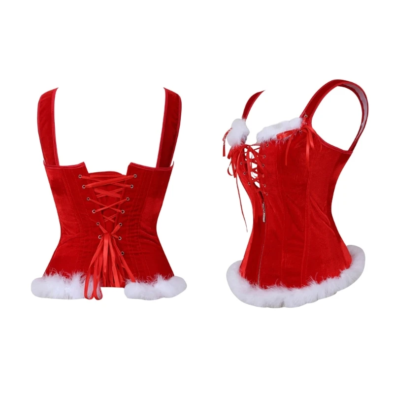 

Womens Overbust Corset Bustier Lingeries Bodyshaper Tops Christmas Costume Plush Bowknot Crop Tops