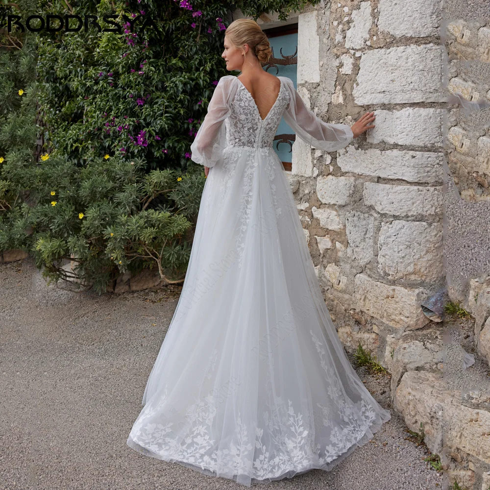 RODDRSYA Klassische Spitze Brautkleid 2024 Puff Ärmel A-Linie Brautkleider Tüll DoppRoddrsya klassische spitze hochzeits kleid 2024 puff ärmel a-line bridde kleider tüll doppel v-hals applikation boho vestidos de novia