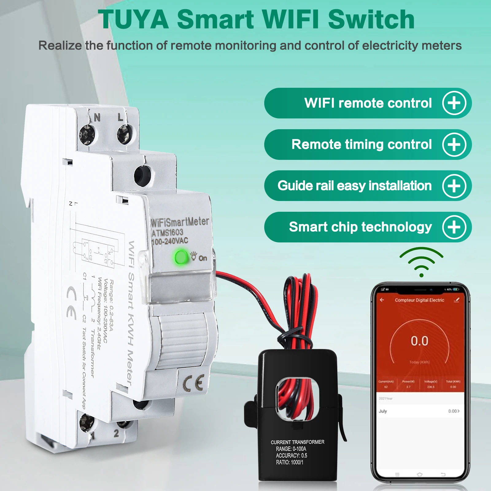 

ATMS1603 Tuya WiFi Intelligent Energy Meter 35mm Din Rail Precisely Measuring Voltmeter Ammeter WiFi Intelligent Energy Meter