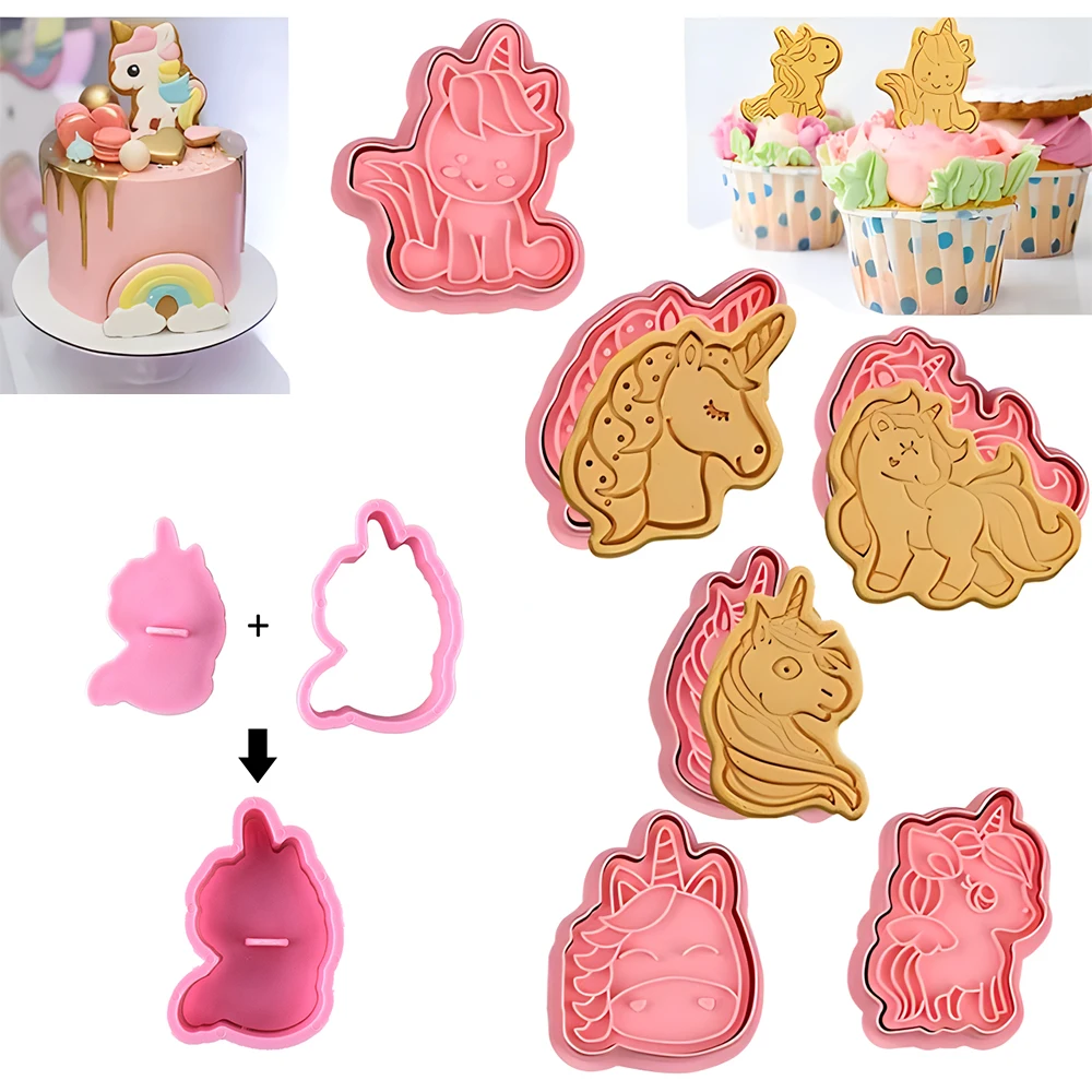 Cookie Cutter Unicorn Shape Dough Stamp Plastic 3D Cartoon Pressable Biscuit Mold Confectionery Baking Baker Pastry Bakeware