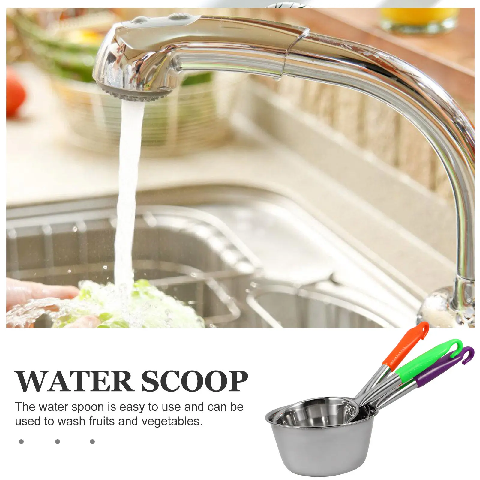 3pcs Stainless Steel Water Ladle Set Kitchen Gadget Soup Ladle with Handle for Home Garden Canteen Metal Watering Scoop