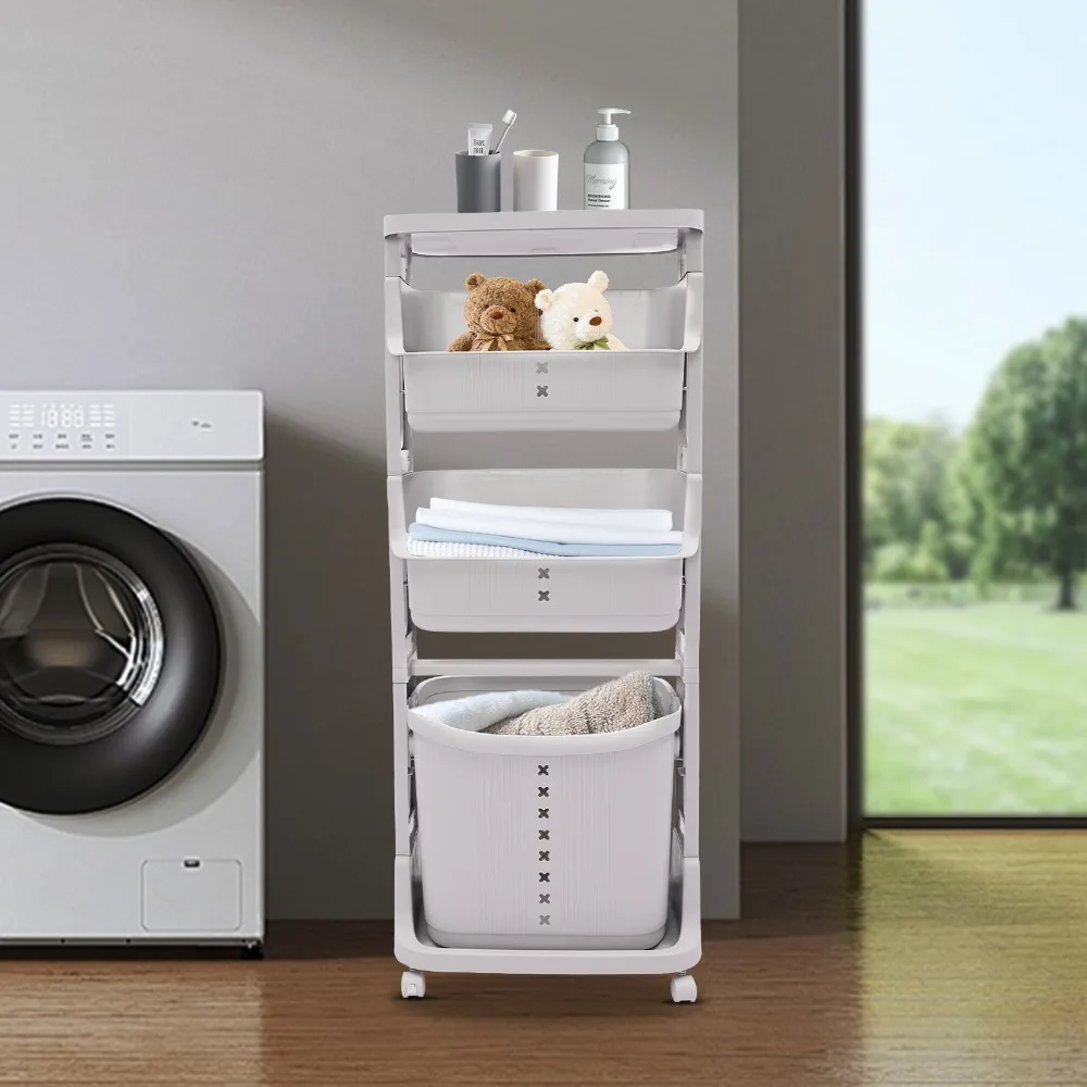 

3 Tier Laundry Basket with Wheels 360° Rolling Plastic Laundry Hamper Stackable Dirty Clothes Sorter Storage Basket for Home