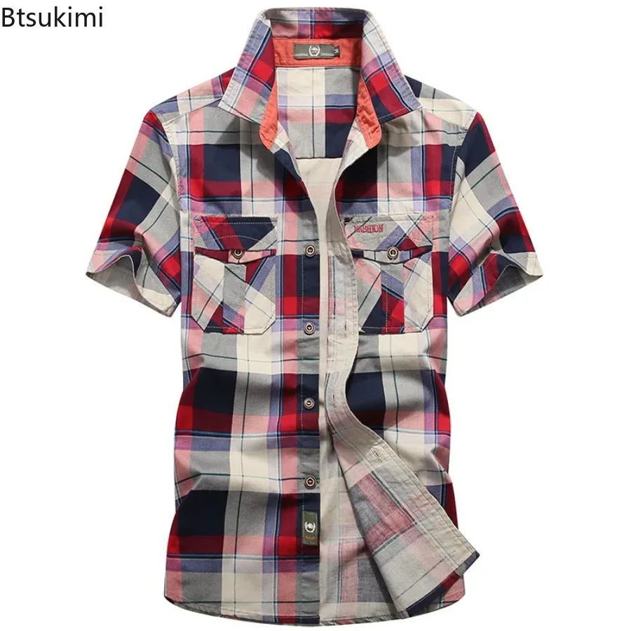 Men's Plaid Short Sleeve Shirt Summer Youth Loose Fit Plus Size Casual Check Lapel Daily Wear Blouse Tops Fashion Men Clothing