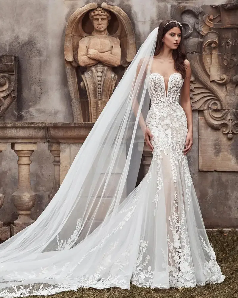 Customized Sexy Full Lace Applique Mermaid Wedding Dresses Detachable Train 2 In 1  Made Vestido de novia