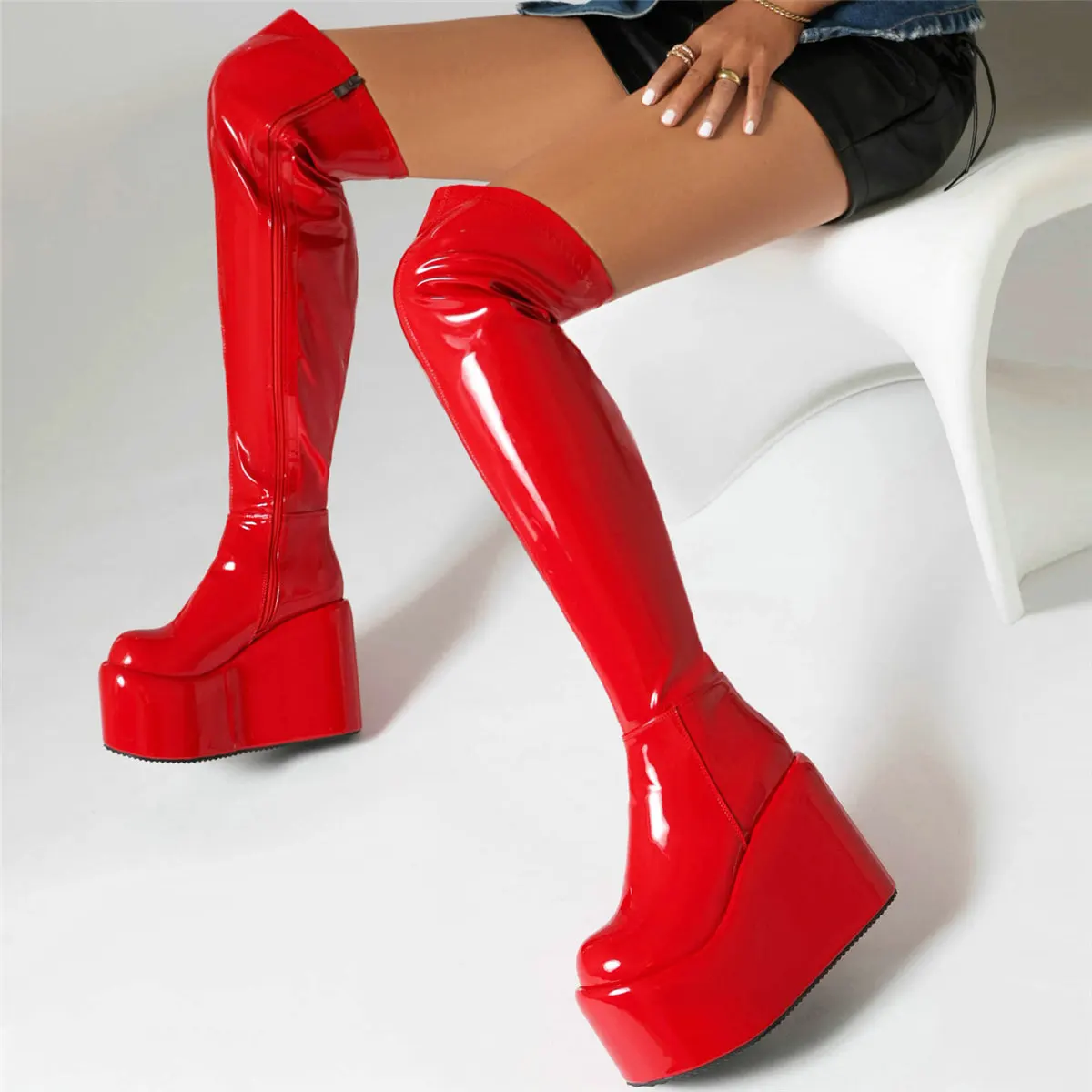 

12cm High Heel Pumps Plus Size Shoes Women Patent Leather Over The Knee Boots Female Round Toe Fashion Sneakers Casual Shoes