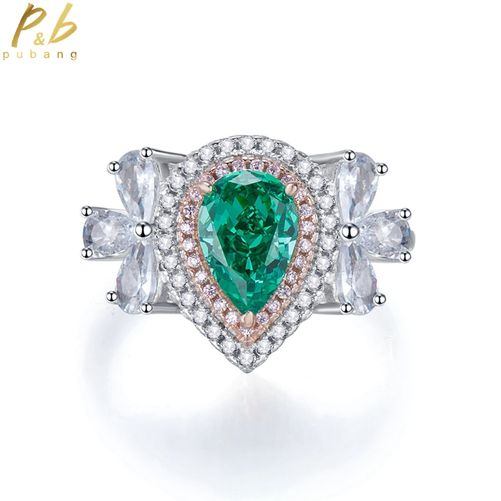 

PuBang Fine Jewelry 100% 925 Sterling Silver Pear Paraiba Green Created Moissanite Ring for Women Anniversary Gift Free Shipping