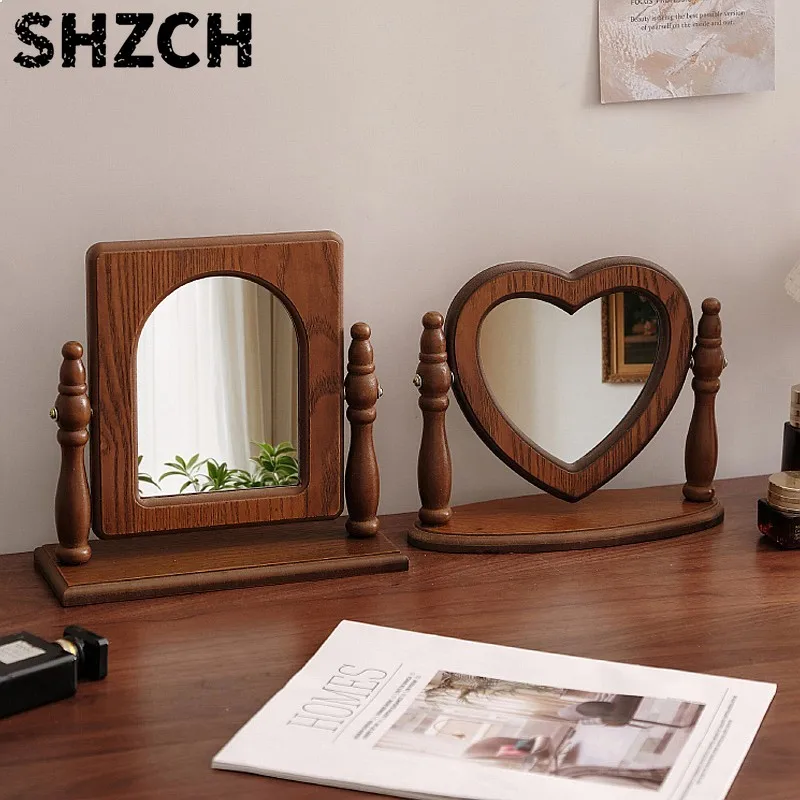 Ins French Vintage Wooden Makeup Mirror Heart Rabbit Bear Shaped Desktop Stand Dressing Table Decor for Girls