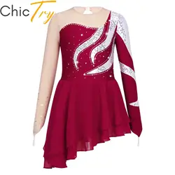 Figure Ice Skating Dress for Kids Girls Long Sleeve Gymnastics Workout Ballroom Ballet Dance Leotard for Show Stage Performance