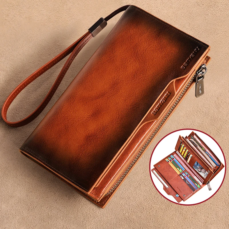 Vintage Men's Long Wallet Genuine Full Grain Leather Bifold Long Purse Credit Card Holder Cash Organizer For Daily Use