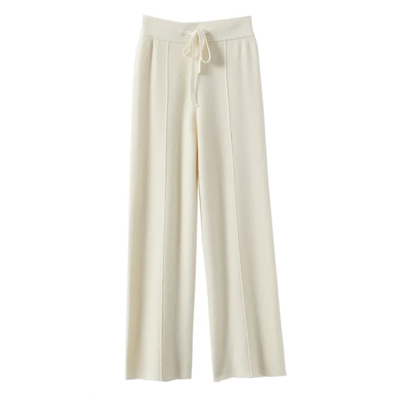 New Knitted Women Pant High Strecth Casual Trousers High Waist Drawstring Slim Fit Wide Leg Pant Full Length Autumn Winter Pants