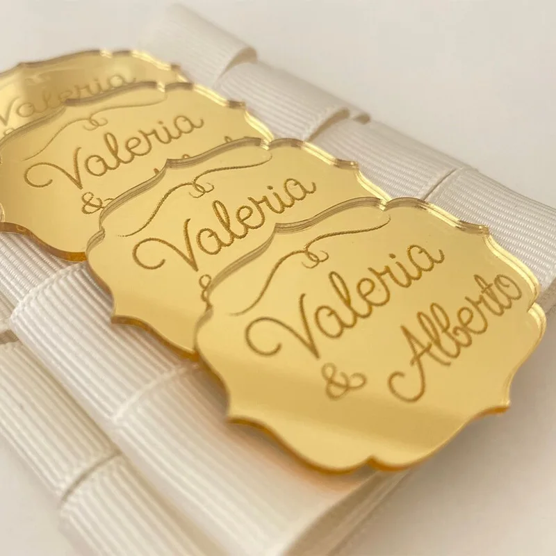 Personalized Engraved Golden Mirror Acrylic Wedding Name Tag Label Custom Party Baby Shower Boutique Box Decoration