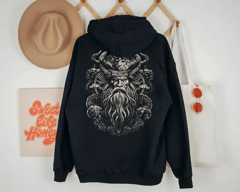 Norse God Odin Viking Hoodie Mythical Celtic Nordic Mythology Mystical Sweater Valhalla Warrior Gothic Metal Biker Rocker Gift