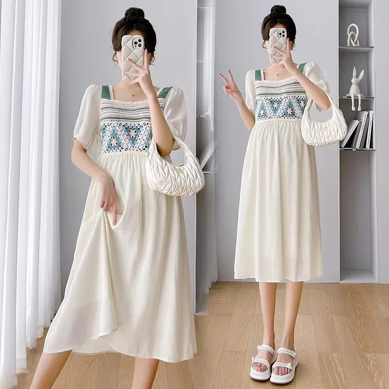 

Summer New Fashion Maternity Dress Short Slleve Square Collar Hollow Out Knitted Patchwork Backless Pregnant Woman Chiffon Dress