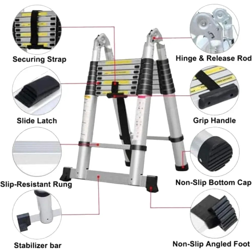 Telescoping Ladder 16 FT A Frame Aluminum Extension Ladder, Lightweight RV Ladder with Stabilizer Bar, Multi-Purpose Collapsible