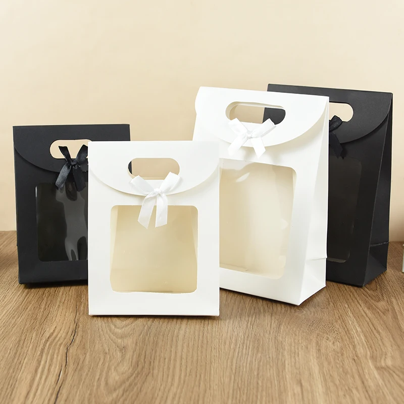 5pcs Kraft Paper Gift Bag With Transparent Window Wedding Favors For Guests Birthday Party Candy Baking Dessert Packaging Bags