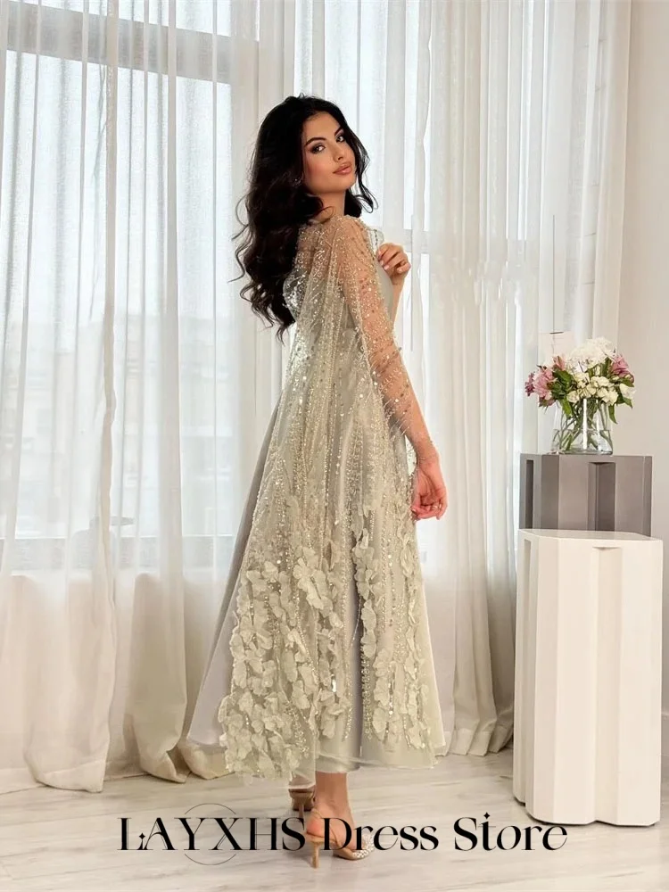 LAYXHS 絶妙なフォーマルイブニングドレス チュール ワンショルダー ケープ Aライン プリーツ アンクル丈 ドバイ プロムドレス カスタマイズされた فستان س