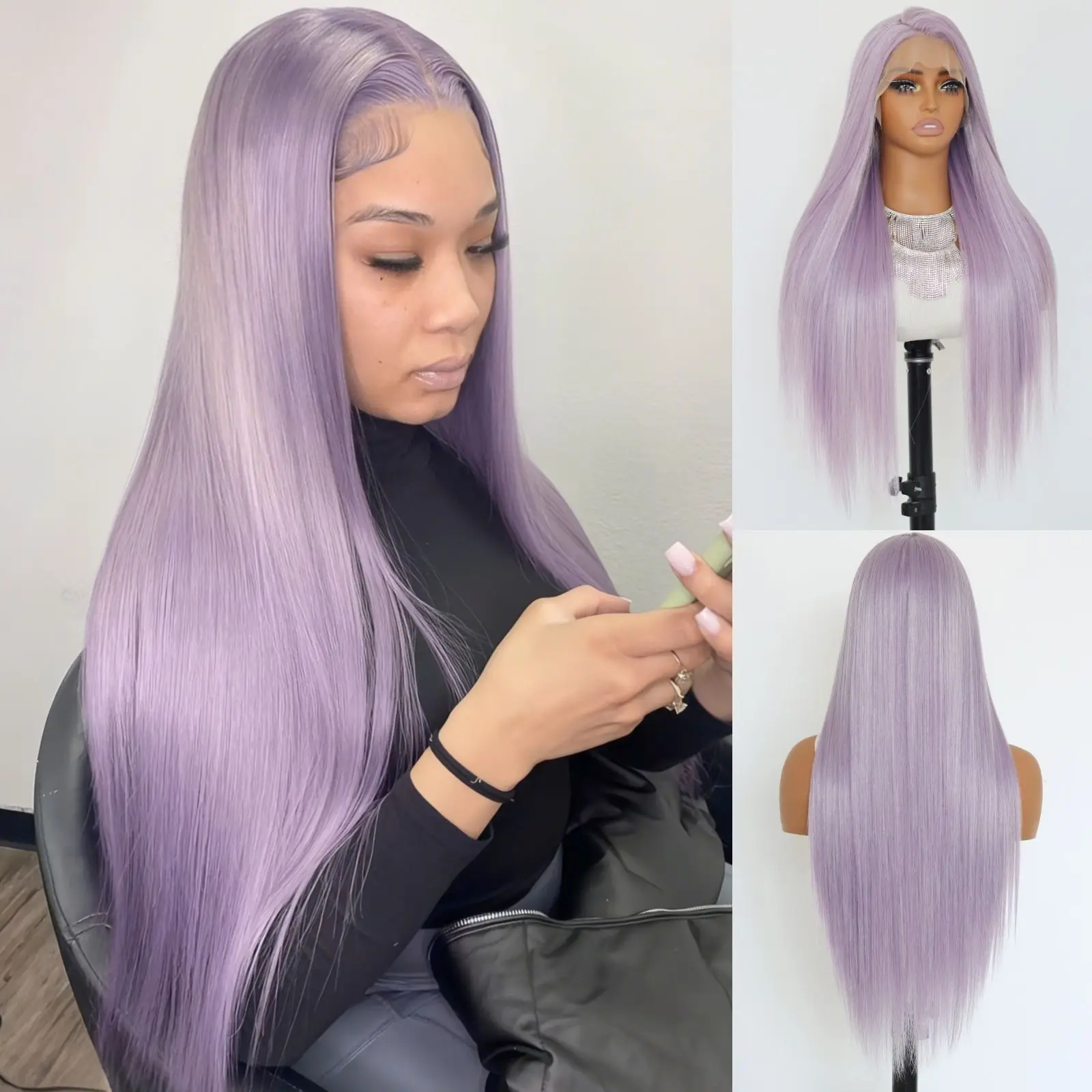 Lavender Purple Synthetic Lace Front Wigs Long Straight Lavender 13×4 Lace Front Wig Heat-Resistant Synthetic Wig 24Inch
