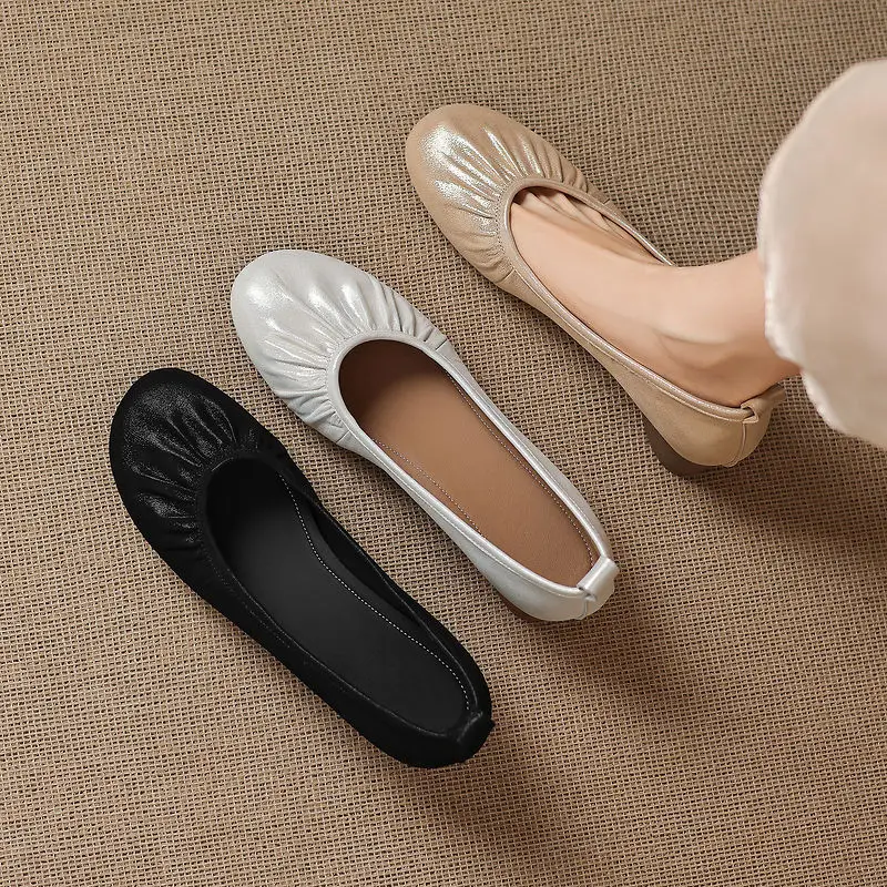 2026 new spring autumn women pumps natural leather 22-24.5cm soft sheepskin pleated round heel women shoes  fashion loafers