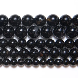 B quality Cracks Natural Genuine Black Tourmaline Stone Round Loose Beads 15