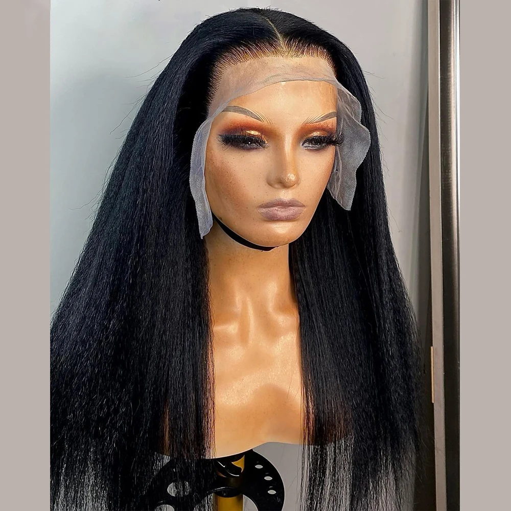 Glueless Soft Natural Black Long 26Inch Yaki Kinky Straight Lace Front Wig For Women With Baby Hair Synthetic Preplucked Daily