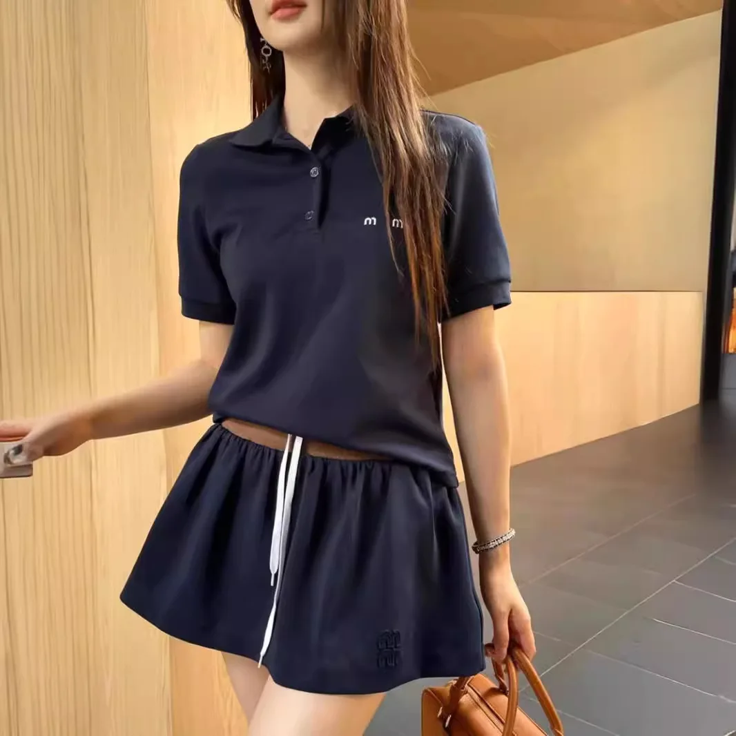 2024 New Fashion Casual Positioning Embroidered Letter Polo Shirt with Elastic Waist Ultra Short Puffy Skirt