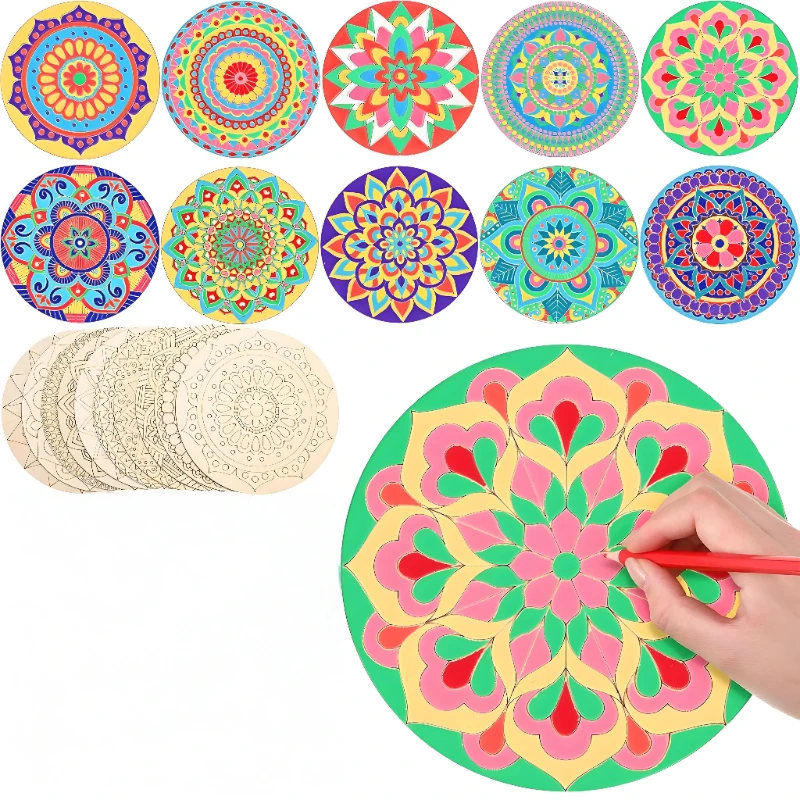 Wooden Mandala Painting10 Unfinished Wood Cutouts with for Making Kit Mandala Crafts for Painting DIY Crafts Home Decors view 3