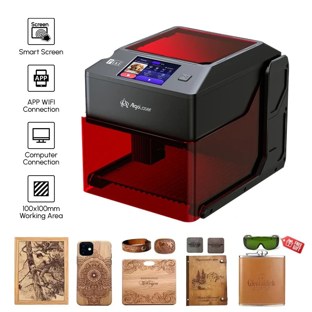 Algolaser Pixi Protable Mini Laser Engraver Tools Cutter Woodworker Engraving Machine With 3'' Smart Screen For DIY Logo Aluminum business cards, glass,woods
