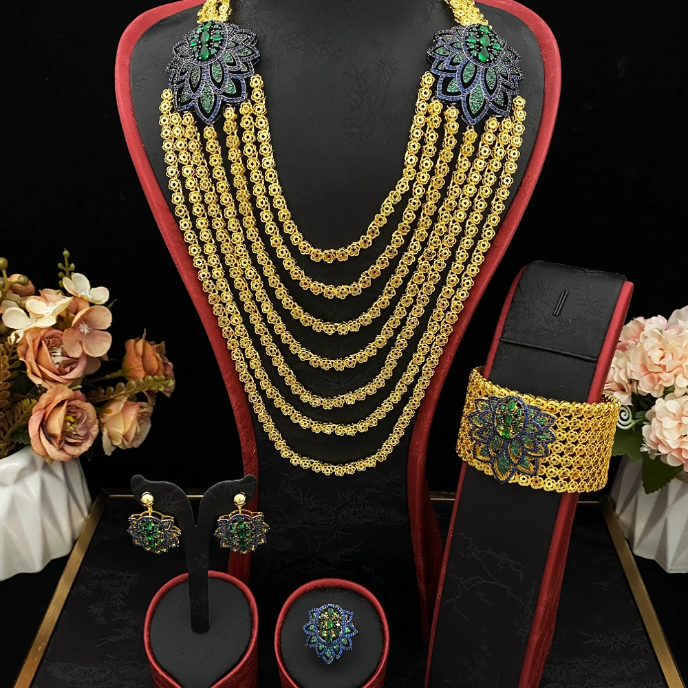 

JRH Роскошный комплект ювелирных изделий с кубическим цирконием, позолоченный медный браслет, кольцо, ожерелье, серьги, подарок на день рождения