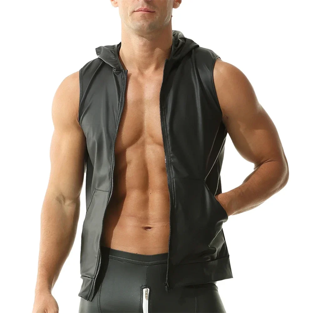 Men's Hooded Zipper Tank Tops Sexy Faux Leather Sleeveless T-shirts Vest Undershirts with Pockets Nightclub Slim Casual Singlets