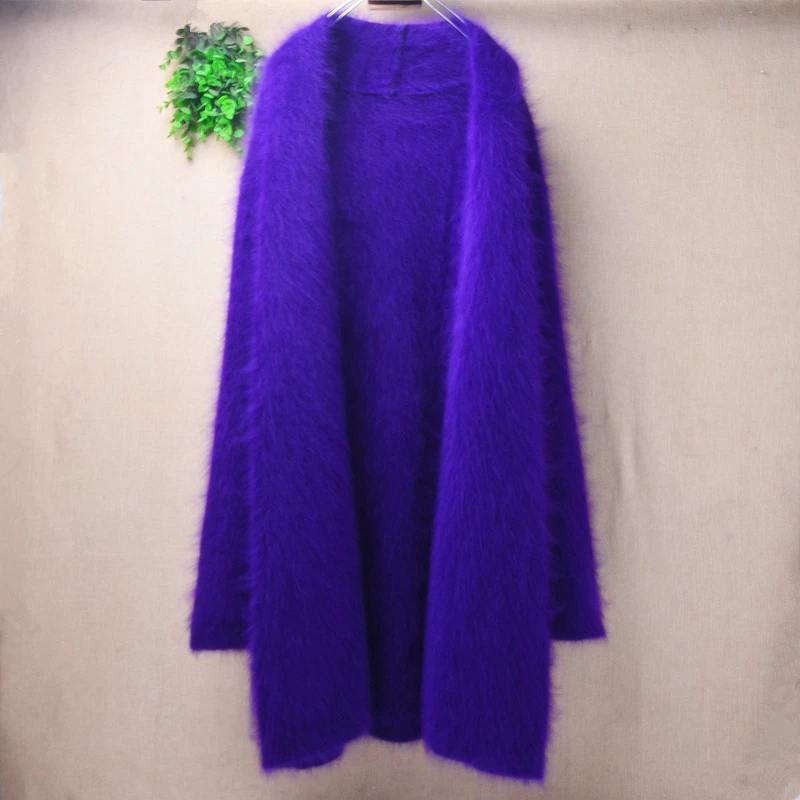 Ladies Women Spring Autumn Clothing Fashion Purple Hairy Mink Cashmere Knitted Long Sleeves Loose Long Sweater Caridgans Mantle