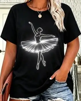 Women Golden Glowing Dancer Silhouette Graphic T‑Shirt Flamenco Dance Art Casual Short Sleeve Tee Top