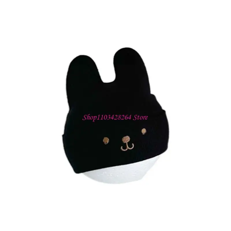 

Стильная вязаная шляпа с твердым цветом с мультяшной вышивкой теплой зимняя шапочка с ушными изделиями для мальчиков и девочек