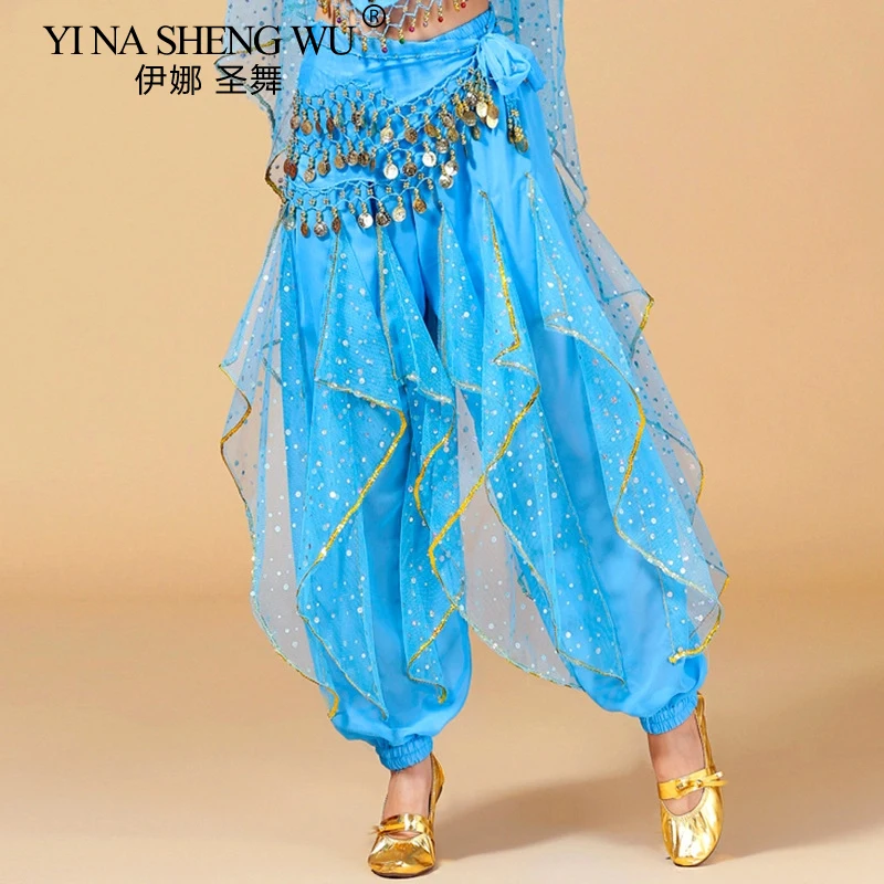 Damskie spodnie do tańca brzucha Bollywood Oriental Indian Dance Practice Costume Chiffon Trousers Gold Trim Rotating Pants