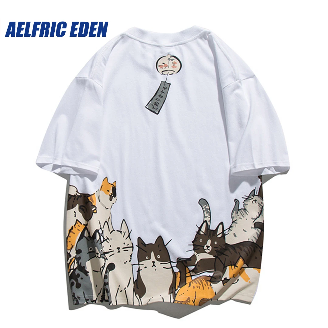 Aelfric Eden Campanula Cat Graffiti Graphic Tee Y2K Japanses Harajuku Loose Cat T-Shirt Summer Short Sleeve Tshirt Hip Hop Tee