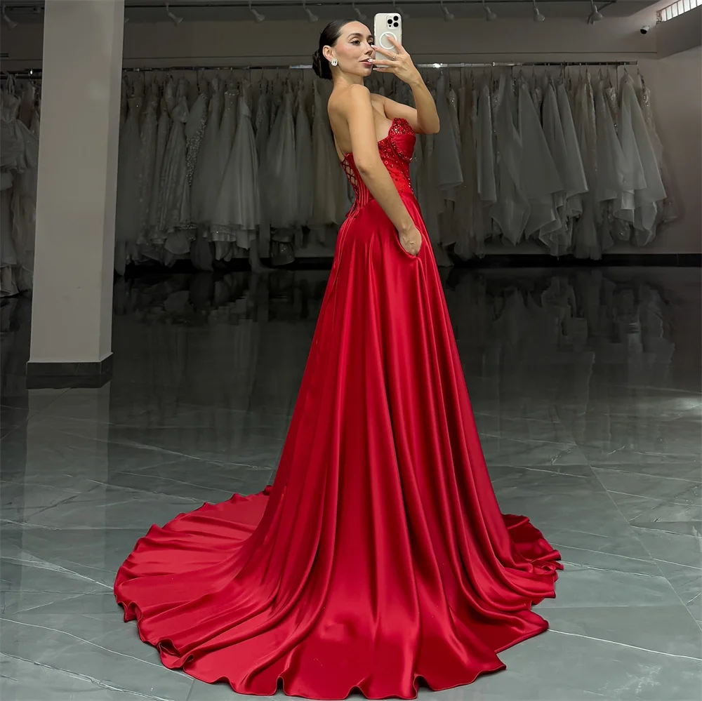 Cathy Customized Red Strapless Side High Split Prom Dresses Sequins Sleeveless vestidos de noiva A-Line Appliques Evening Dress image 2