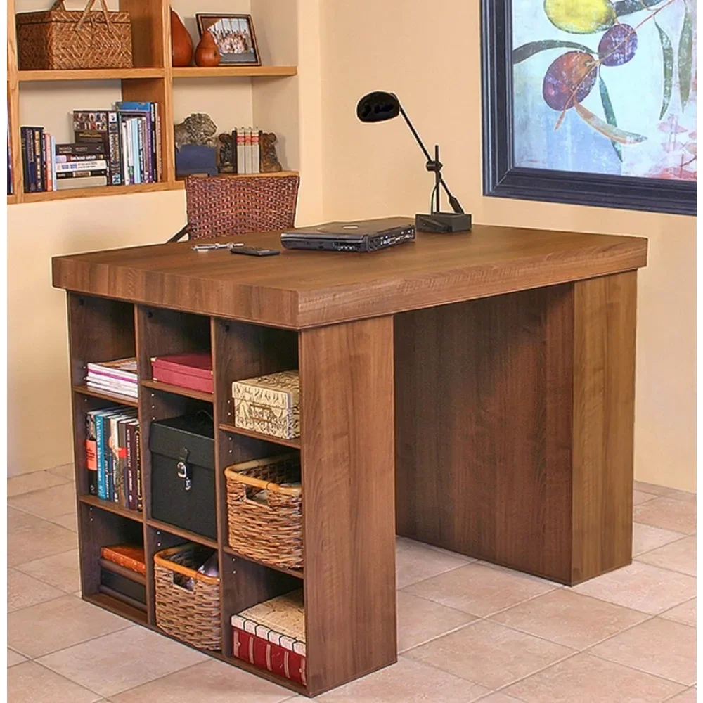 Project Center Desk with Two 9-Cubby Bookcase Sides in Walnut – Organize Your Workspace