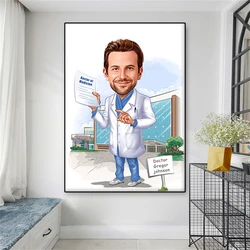 Doctor Cartoon Portrait Custom Poster Dentist Caricature Custom Portrait Gift Personalized Nurse Portrait Prints Canvas Painting