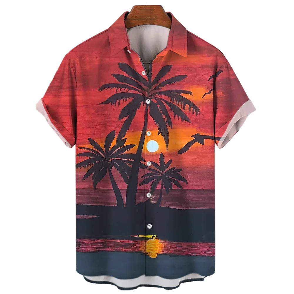 Camisa masculina de manga curta praia havaiana, estampada em coqueiro, lapela, estilo casual, top solto, feriado, roupa de férias